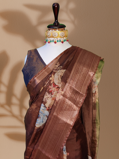 Brown Organza Saree with Pleated Design and Intricate Print Work