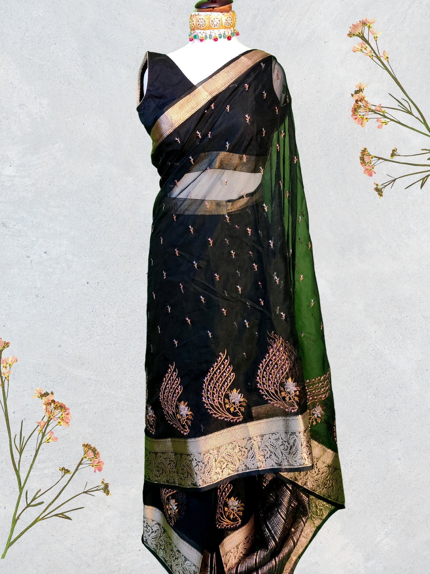 Black Organza Saree with Subtle Sheen and Beautiful Embroidery