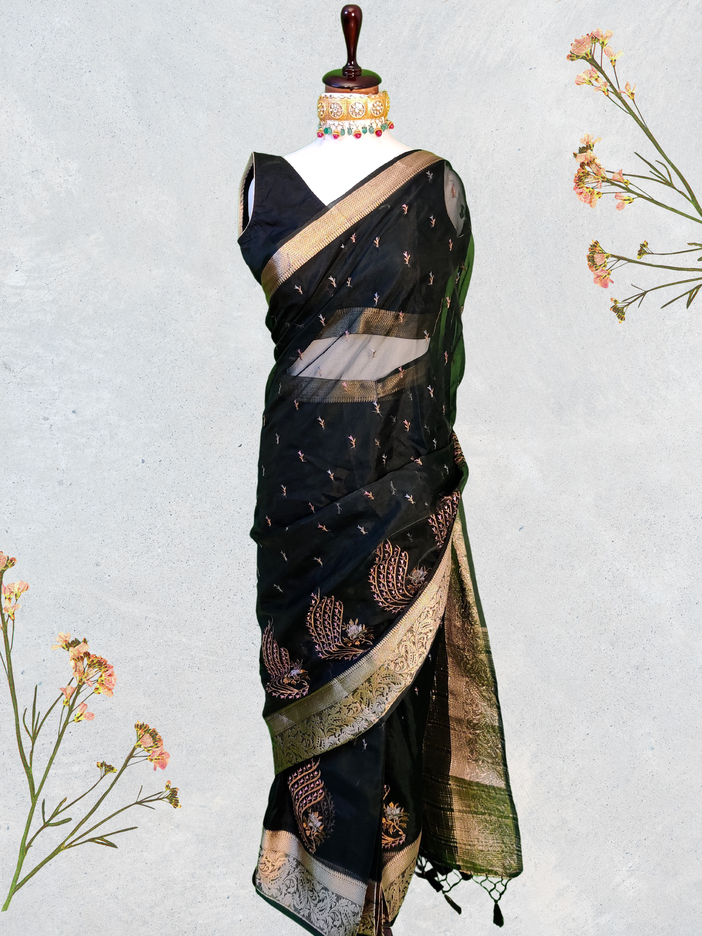 Black Organza Saree with Subtle Sheen and Beautiful Embroidery