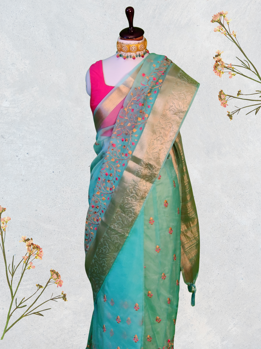 Fountain Blue Organza Saree with Subtle Sheen and Beautiful Embroidery