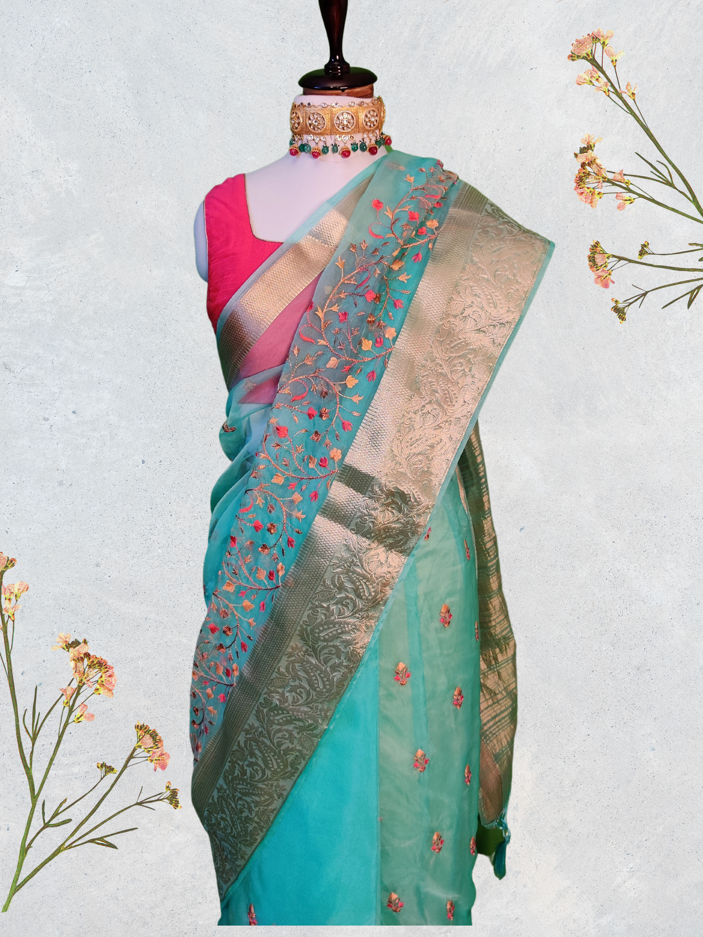 Fountain Blue Organza Saree with Subtle Sheen and Beautiful Embroidery