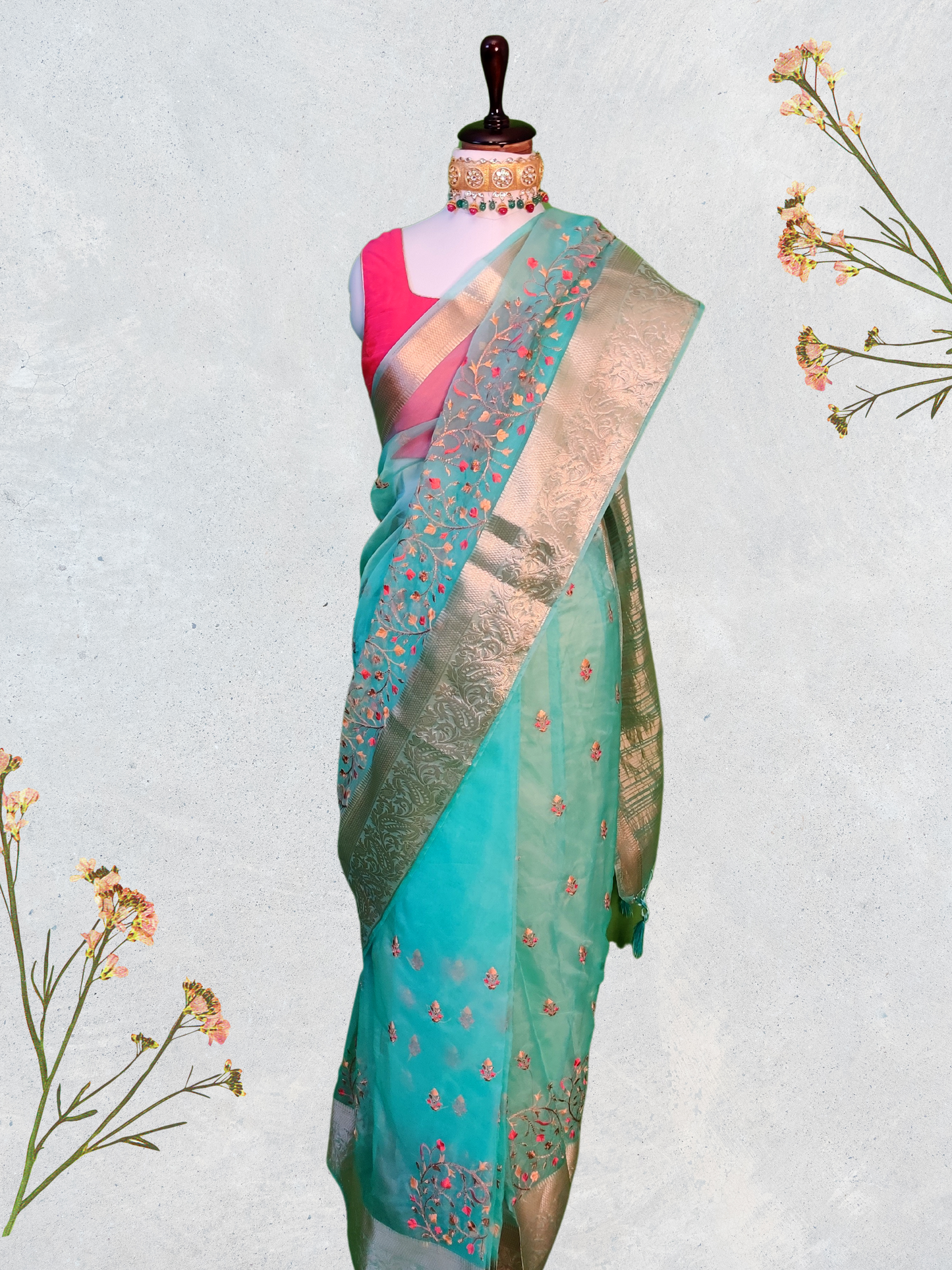 Fountain Blue Organza Saree with Subtle Sheen and Beautiful Embroidery