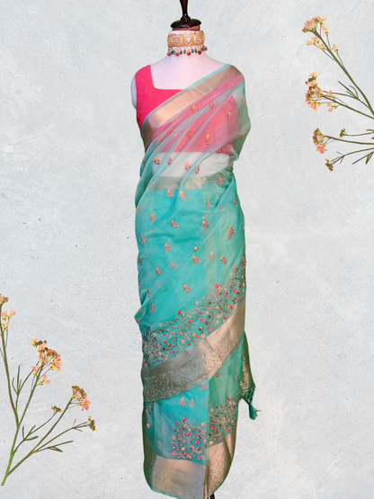 Fountain Blue Organza Saree with Subtle Sheen and Beautiful Embroidery