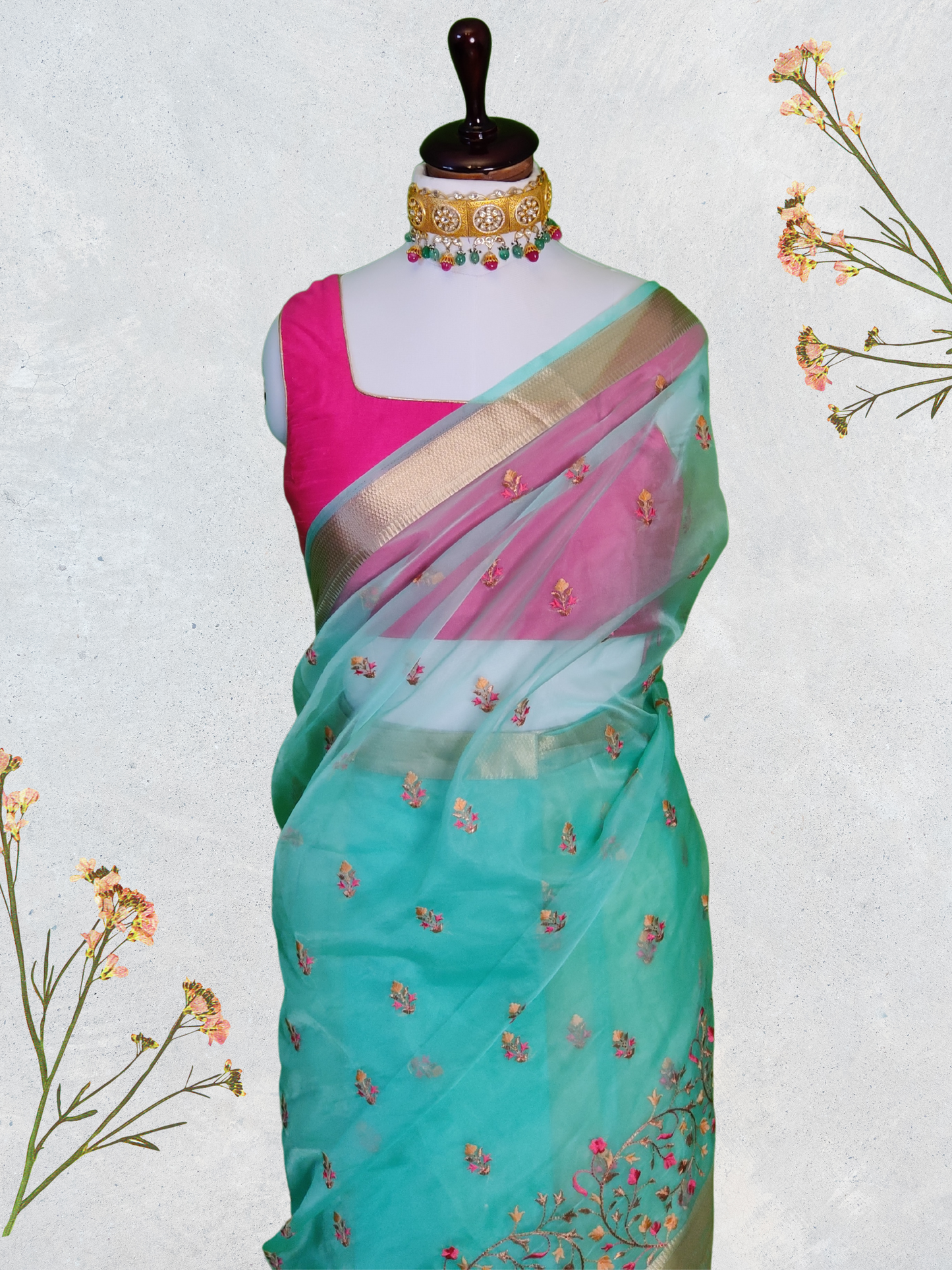 Fountain Blue Organza Saree with Subtle Sheen and Beautiful Embroidery