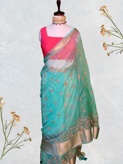 Fountain Blue Organza Saree with Subtle Sheen and Beautiful Embroidery