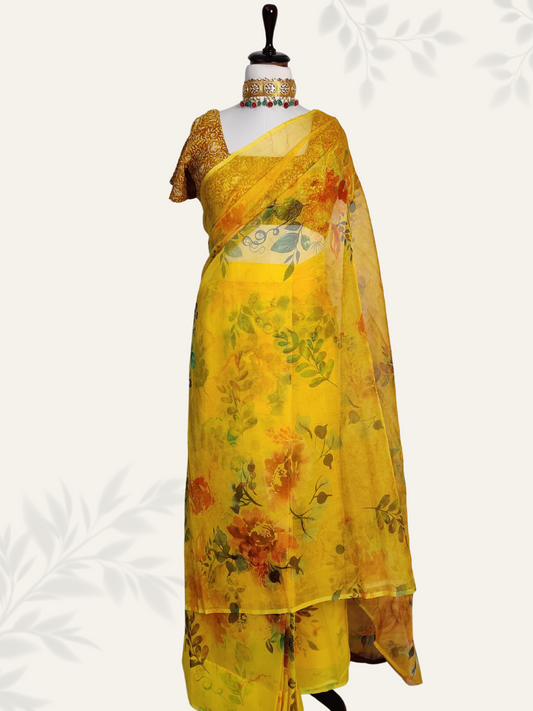 Yellow Organza Floral Digital Printed Pleated Saree