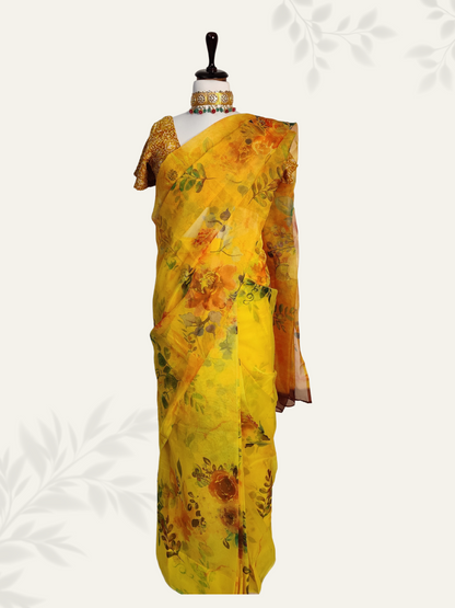 Yellow Organza Floral Digital Printed Pleated Saree