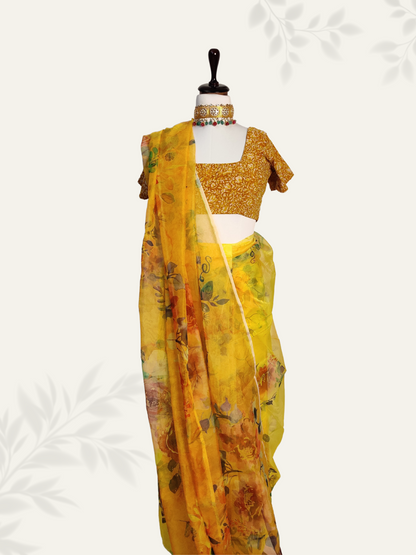 Yellow Organza Floral Digital Printed Pleated Saree