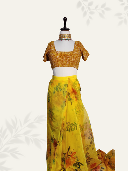 Yellow Organza Floral Digital Printed Pleated Saree