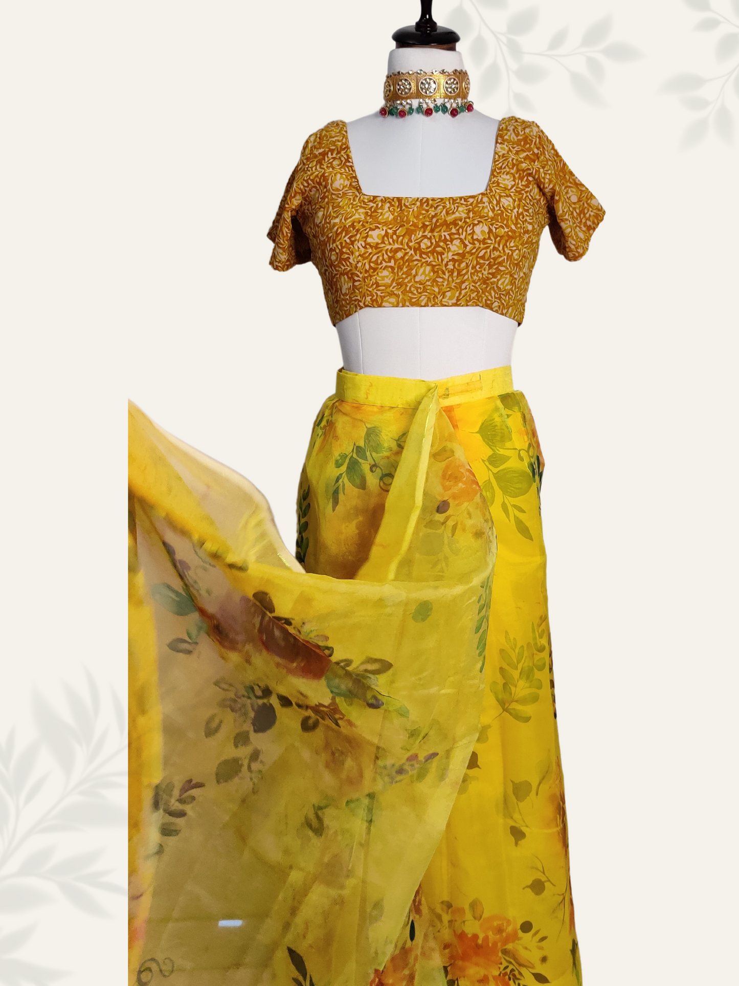 Yellow Organza Floral Digital Printed Pleated Saree