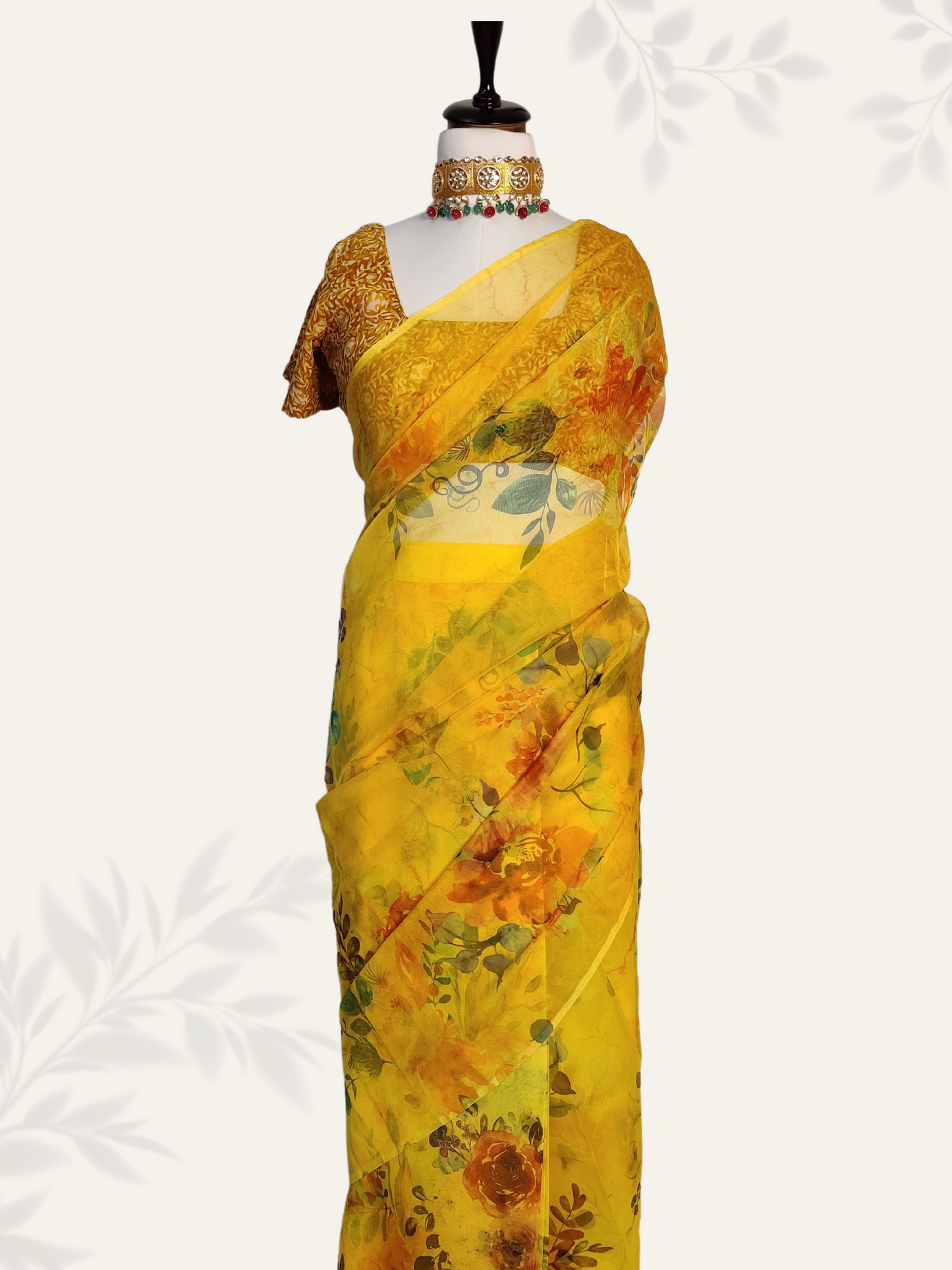 Yellow Organza Floral Digital Printed Pleated Saree