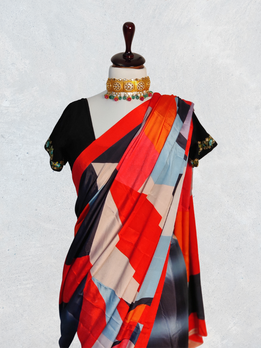 Red and Black Digital Printed Satin Pre-Draped Saree