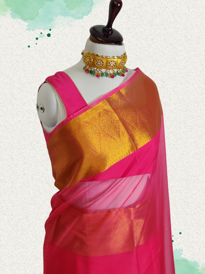 Elegant Pink Organza Saree with Golden Zari Borders