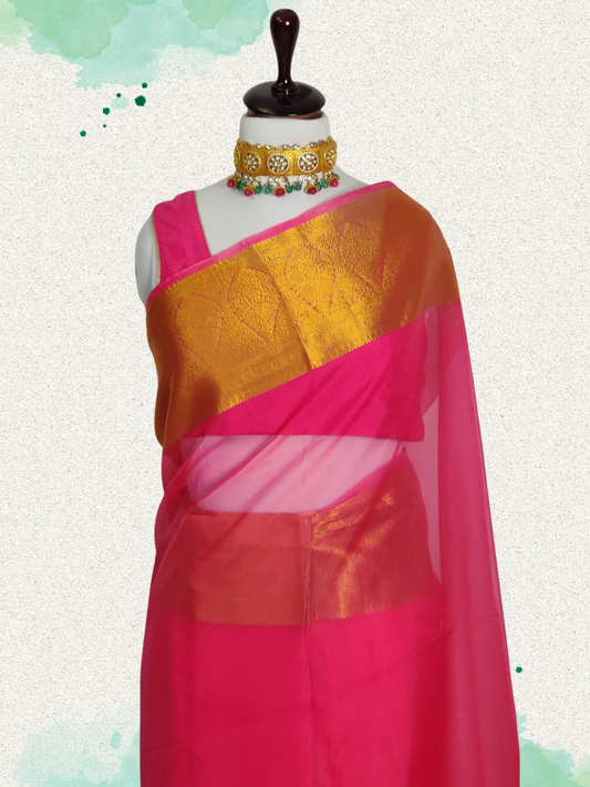 Elegant Pink Organza Saree with Golden Zari Borders