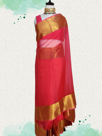 Elegant Pink Organza Saree with Golden Zari Borders