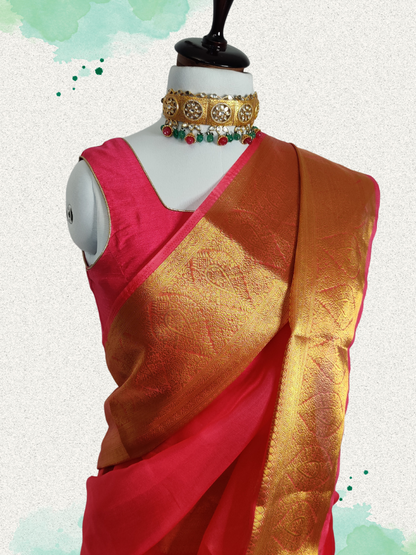 Elegant Pink Organza Saree with Golden Zari Borders