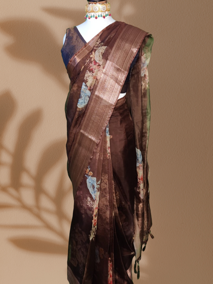 Brown Organza Saree with Pleated Design and Intricate Print Work