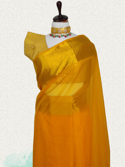 Radiant Yellow Organza Saree with Intricate Golden Zari Borders