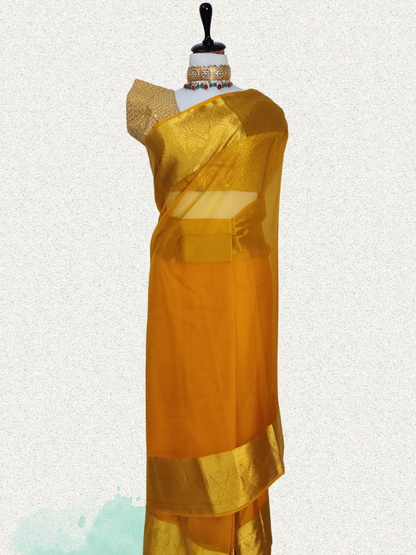 Radiant Yellow Organza Saree with Intricate Golden Zari Borders