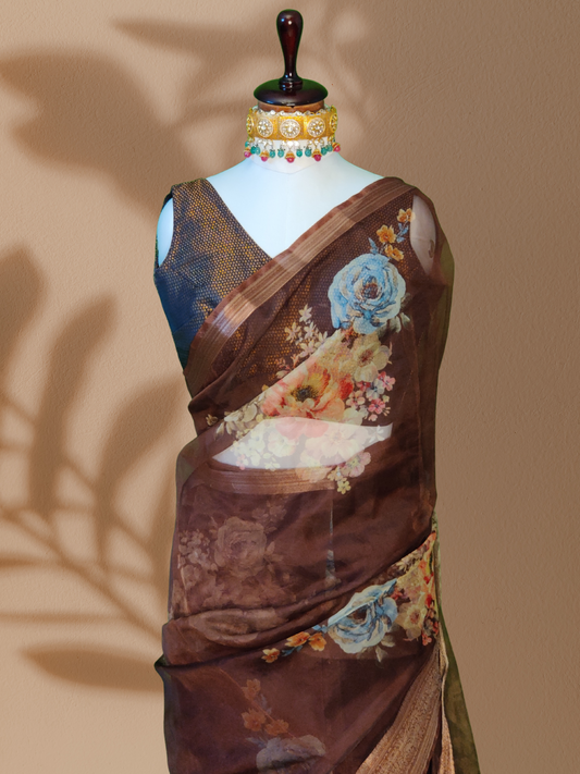Brown Organza Saree with Pleated Design and Intricate Print Work