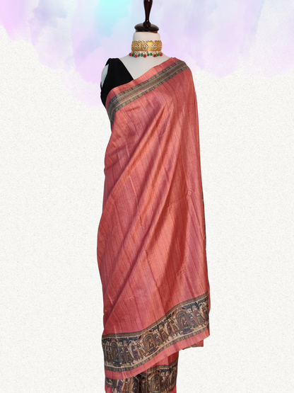 Pink Manipuri Silk Saree with Enchanting Madhubani Print Borders