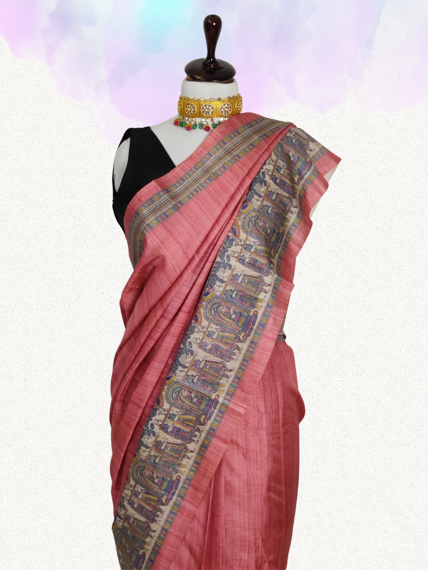 Pink Manipuri Silk Saree with Enchanting Madhubani Print Borders