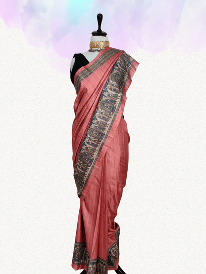 Pink Manipuri Silk Saree with Enchanting Madhubani Print Borders