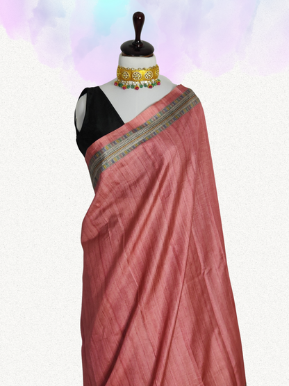 Pink Manipuri Silk Saree with Enchanting Madhubani Print Borders