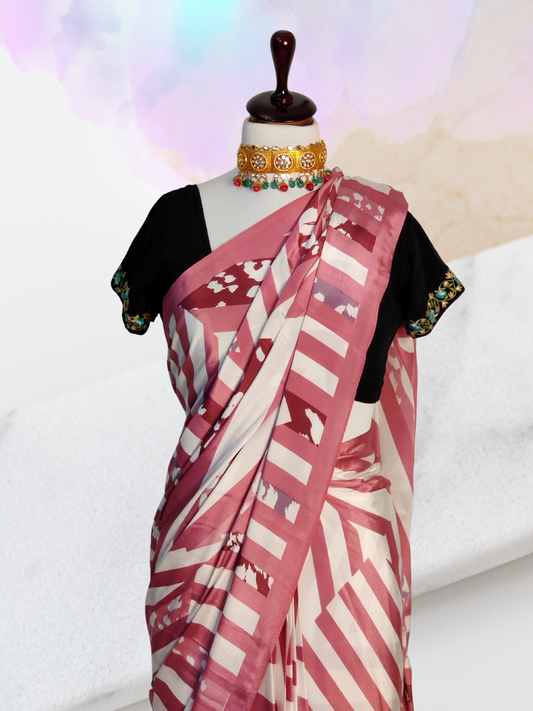 Pink and White Digital Printed Satin Pre-Draped Saree