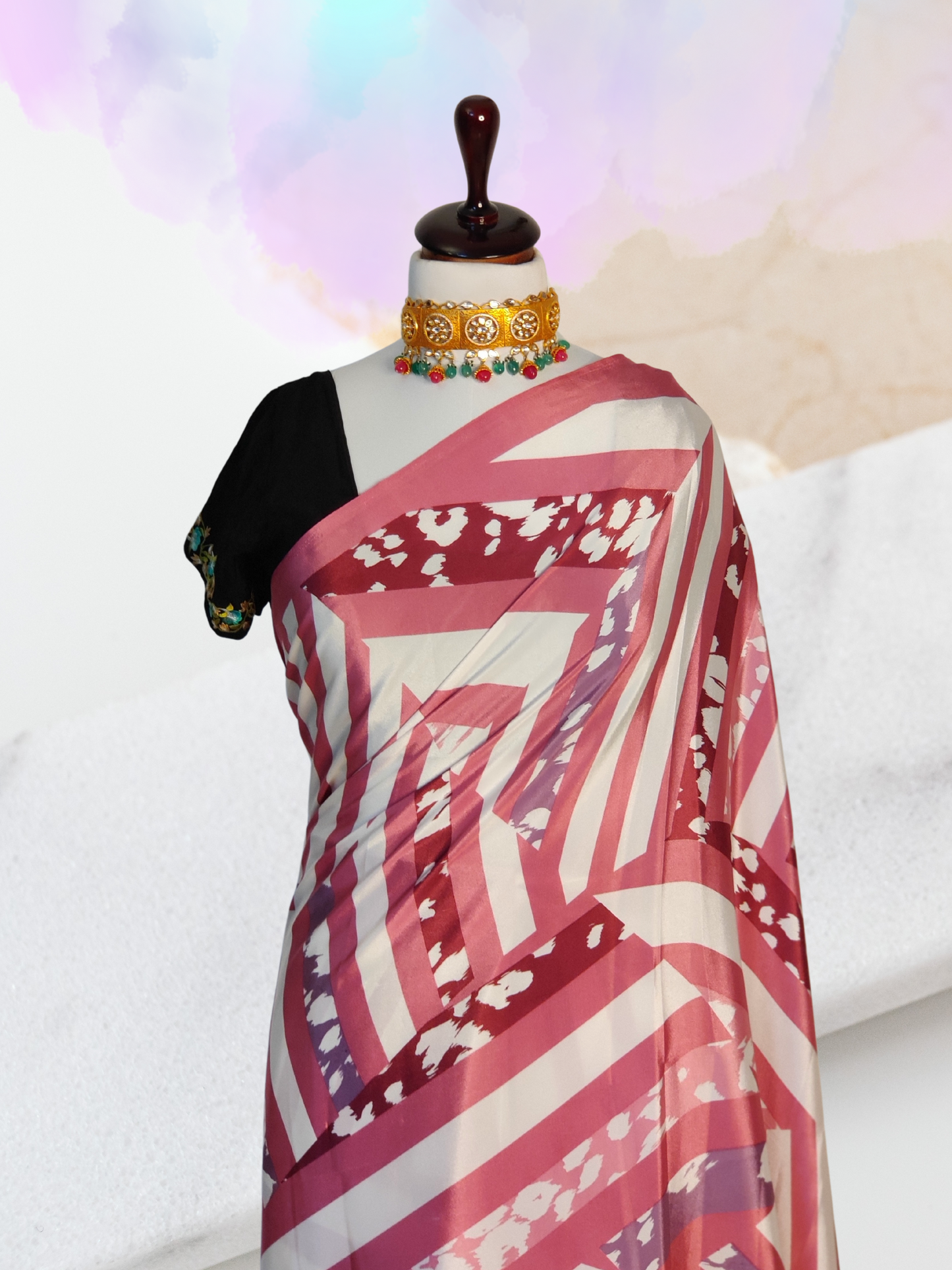 Pink and White Digital Printed Satin Pre-Draped Saree