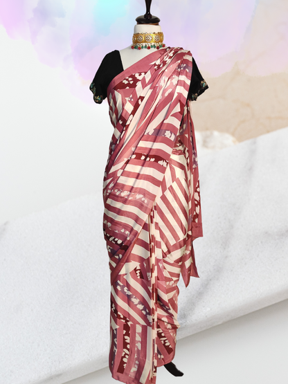 Pink and White Digital Printed Satin Pre-Draped Saree