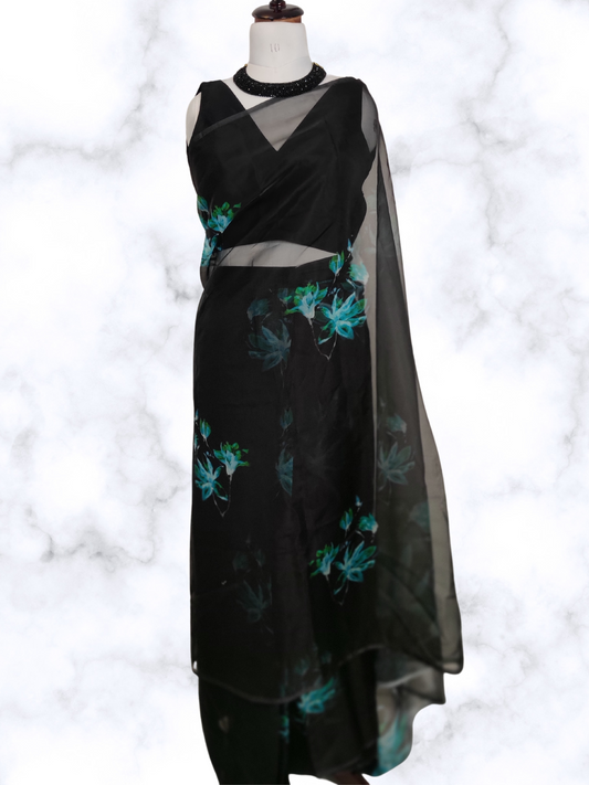 Black Organza Floral Digital Printed Pleated Saree