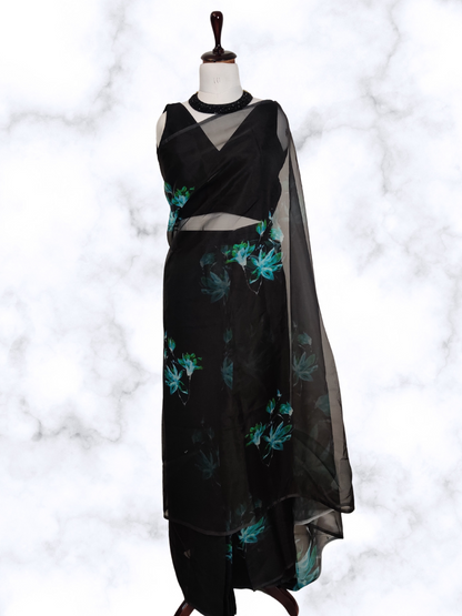 Black Organza Floral Digital Printed Pleated Saree