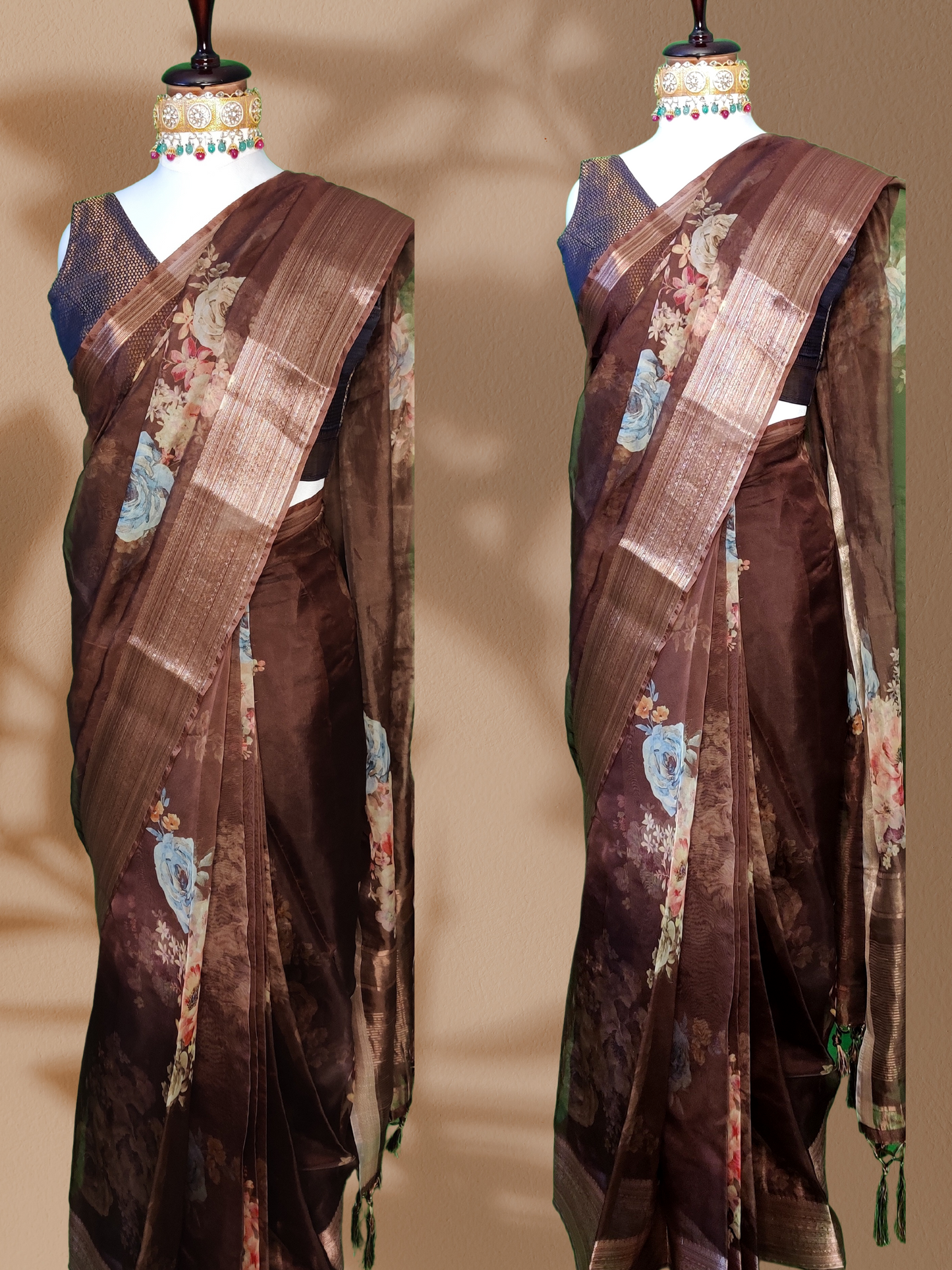 Brown Organza Saree with Pleated Design and Intricate Print Work