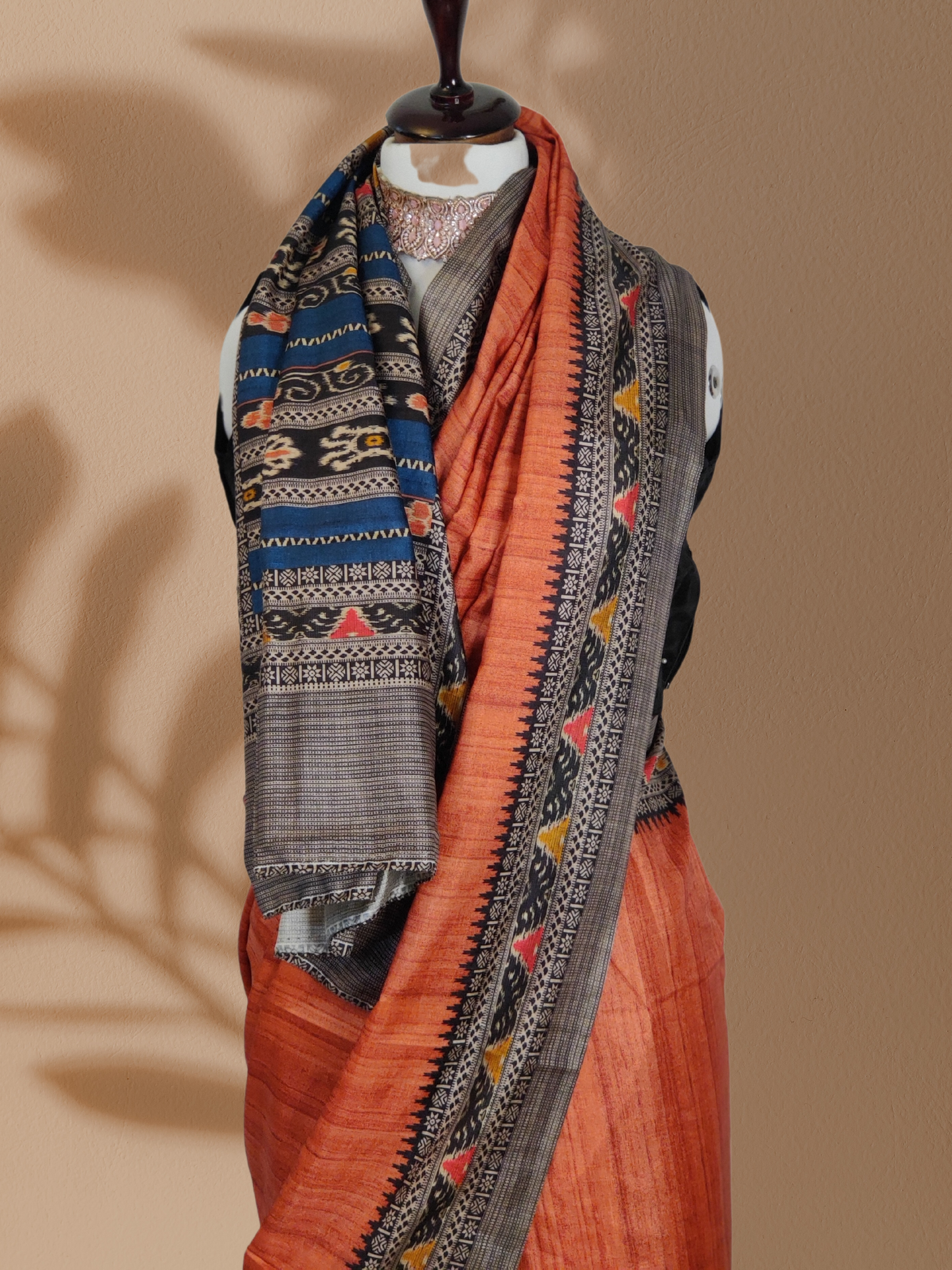 Brick Red/Orange Manipuri Silk Saree with Enchanting Madhubani Print Borders