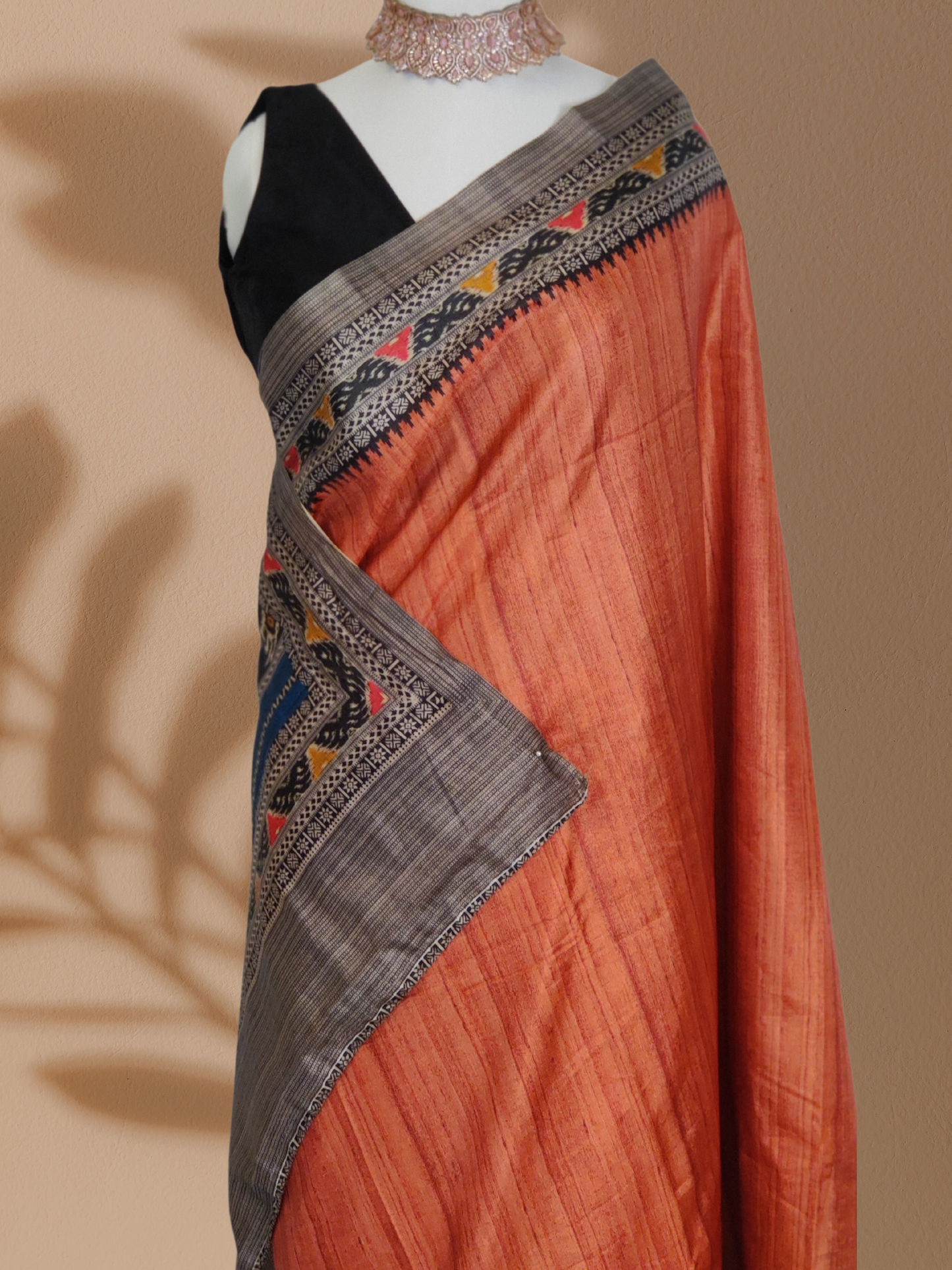 Brick Red/Orange Manipuri Silk Saree with Enchanting Madhubani Print Borders