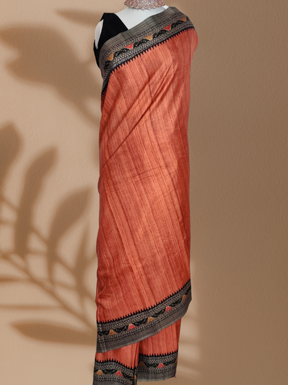 Brick Red/Orange Manipuri Silk Saree with Enchanting Madhubani Print Borders