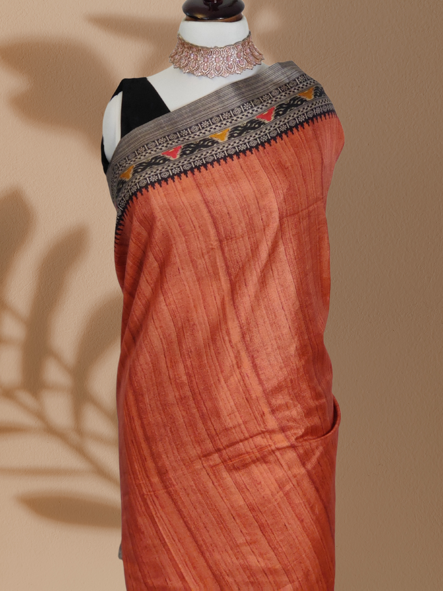 Brick Red/Orange Manipuri Silk Saree with Enchanting Madhubani Print Borders